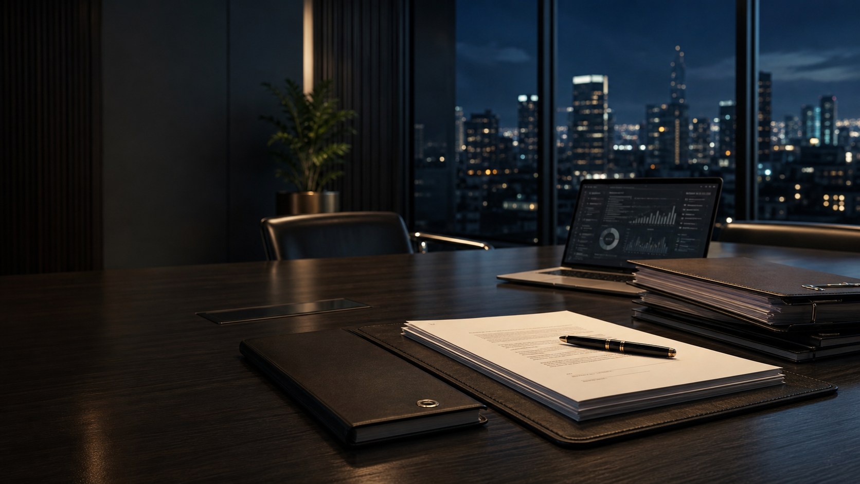 Commercial contracts and governance files arranged on a modern boardroom table