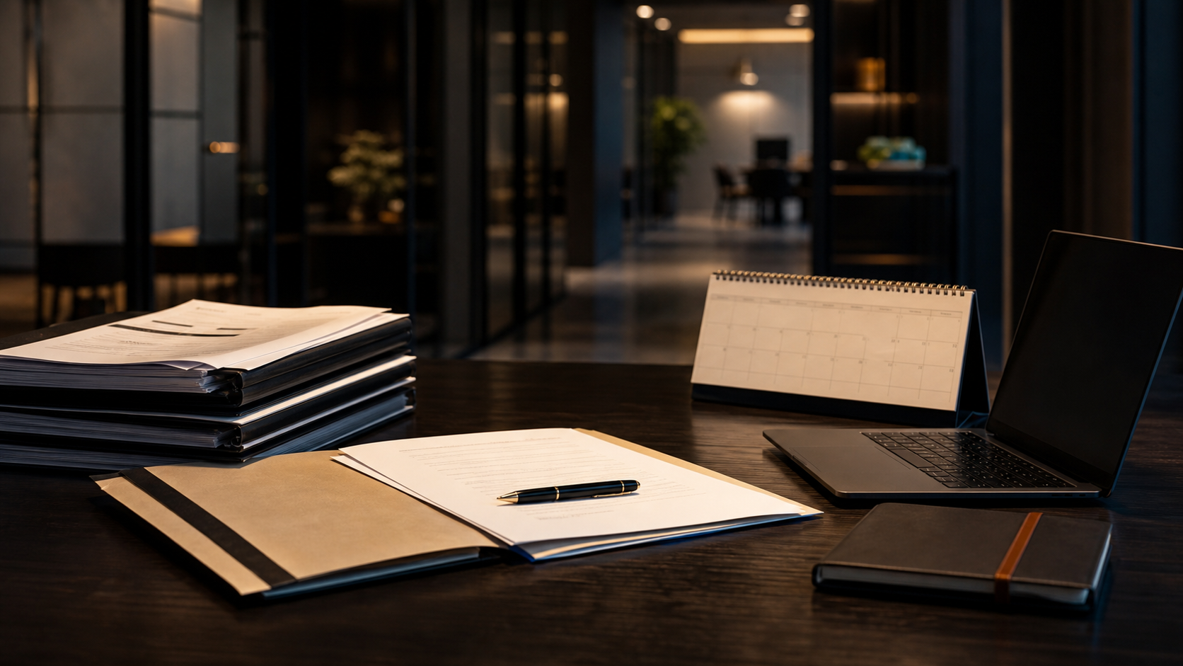 Employment file, notice letter, and calendar in a refined HR meeting room