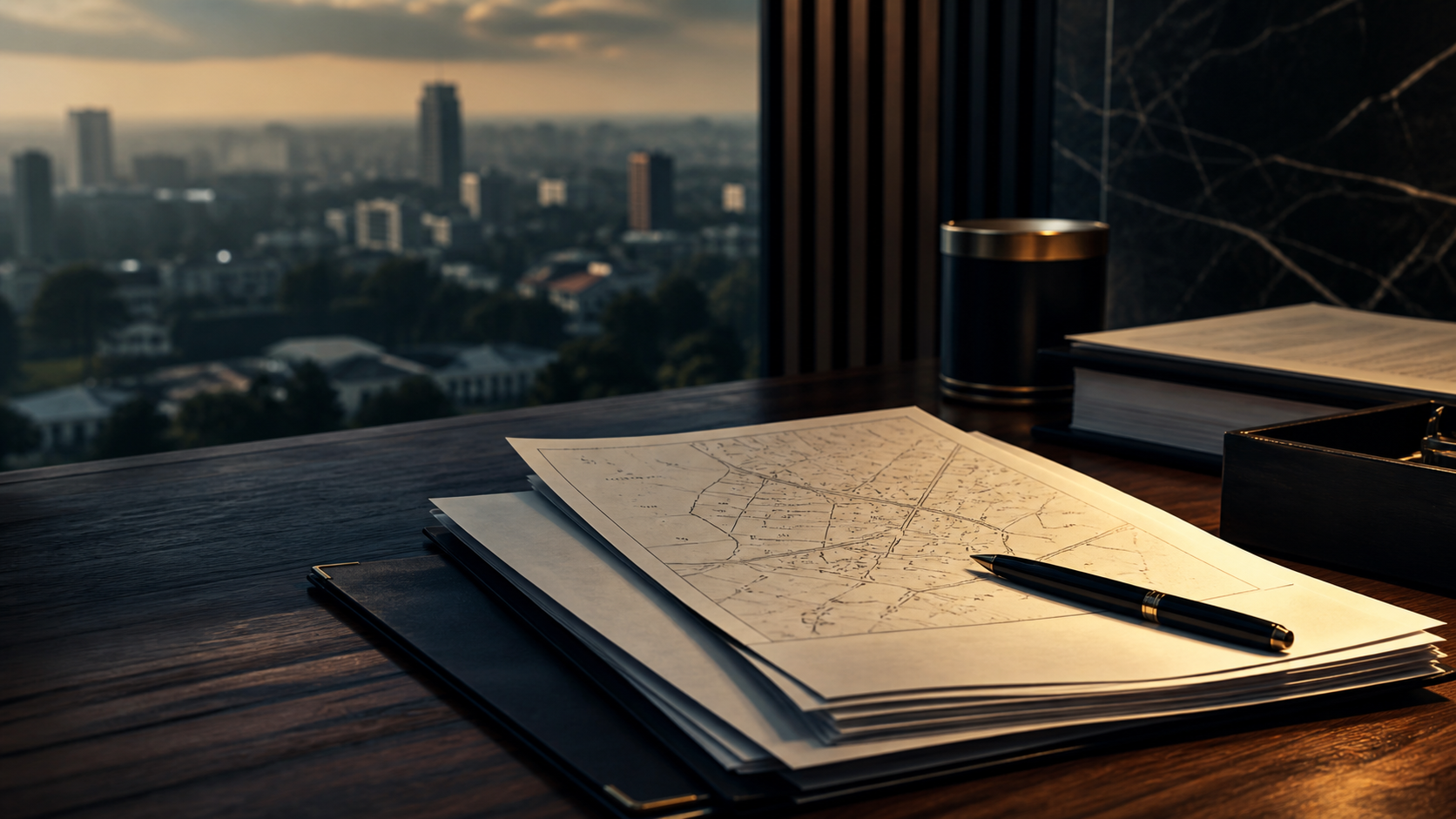Land title documents and cadastral map lines on a refined legal office desk